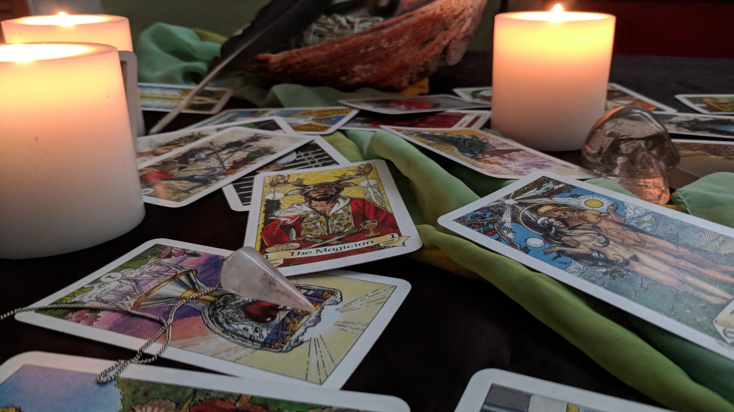 tarot cards
candles
pendulum
crystal
psychic