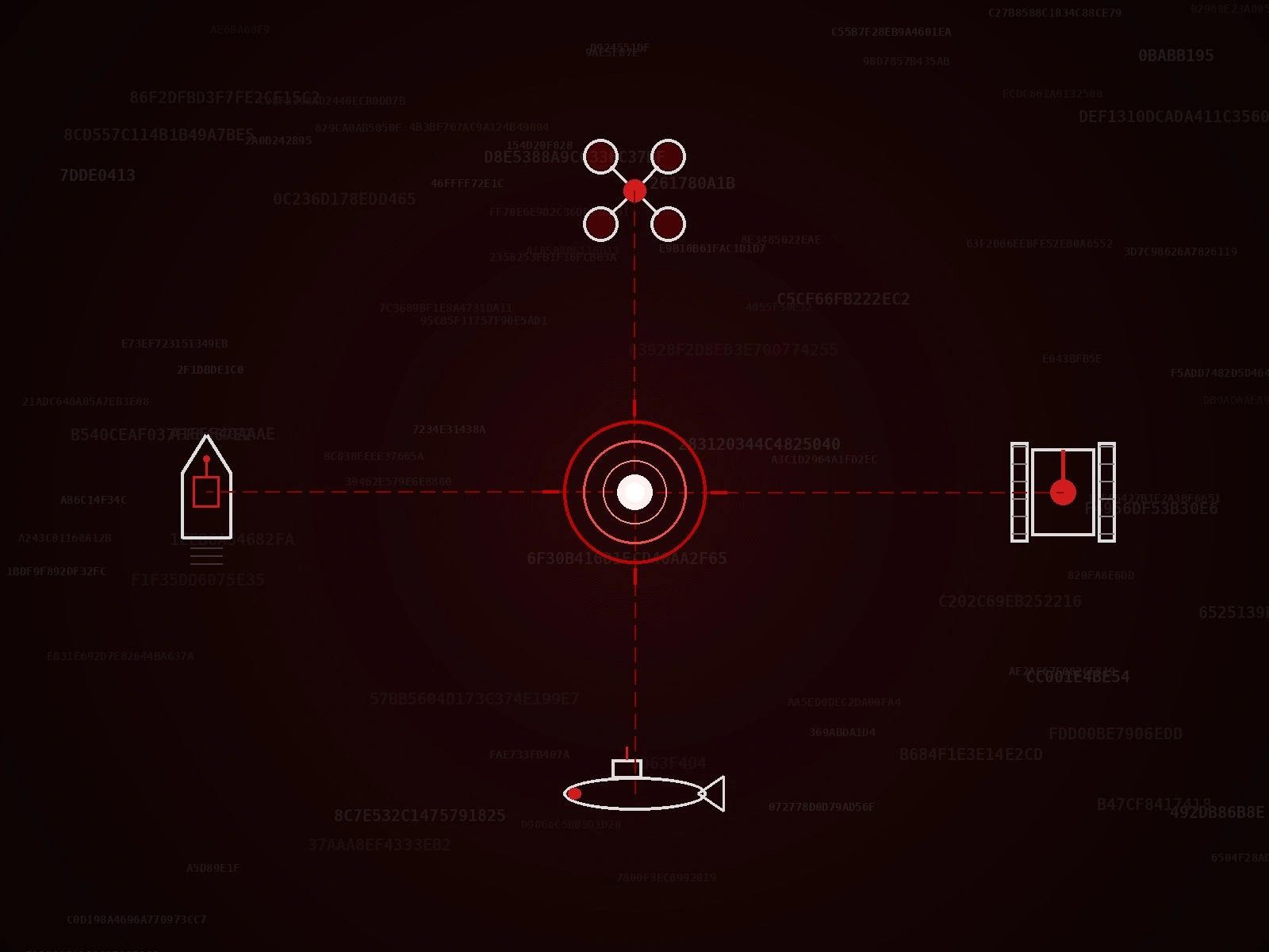 Tactical-map composition: command hub, four vehicle silhouettes, connected by dashed red lines.