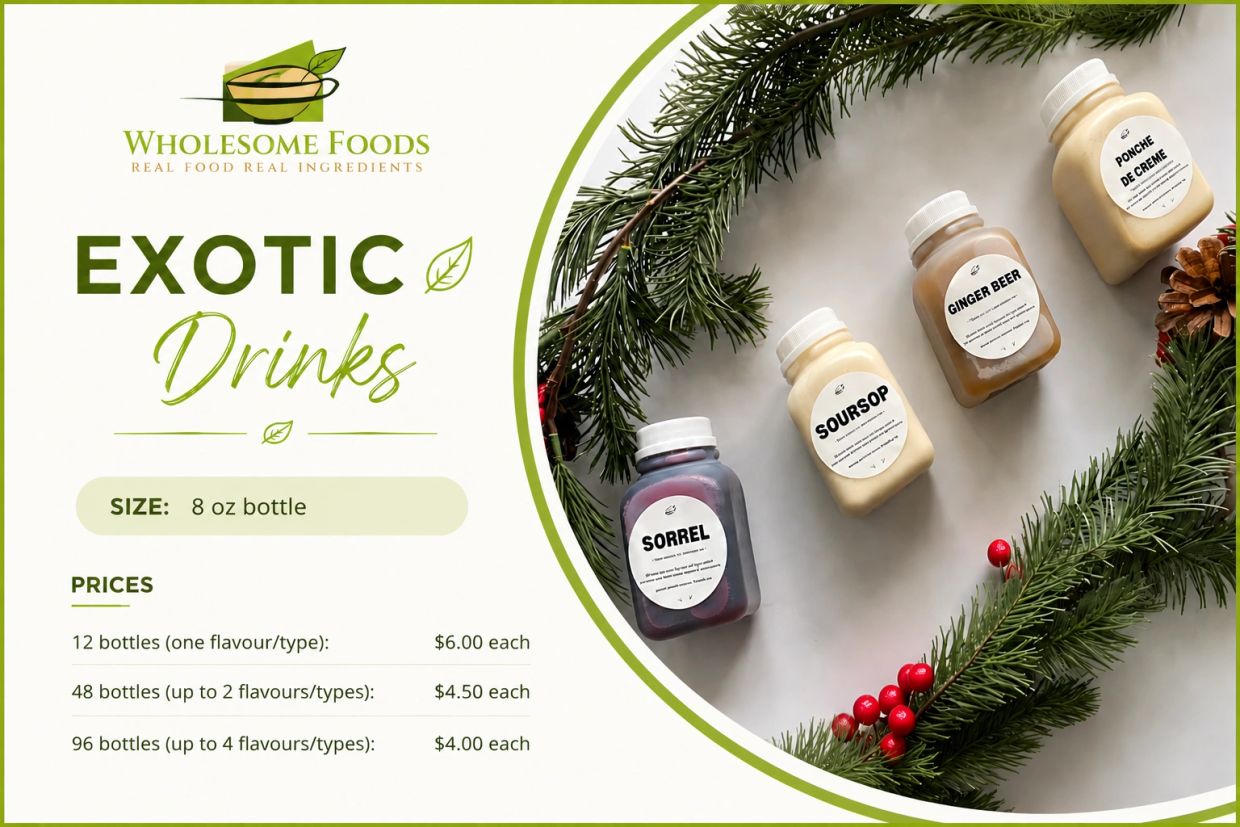 Exotic drink bottles with prices and festive decoration.
