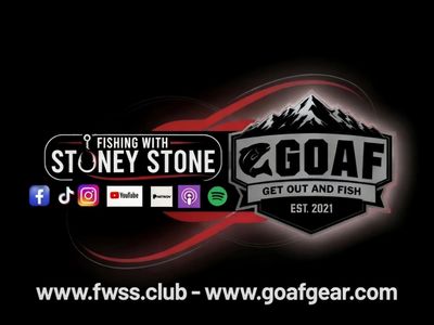 Logo for fishing brand with social media icons and website links.