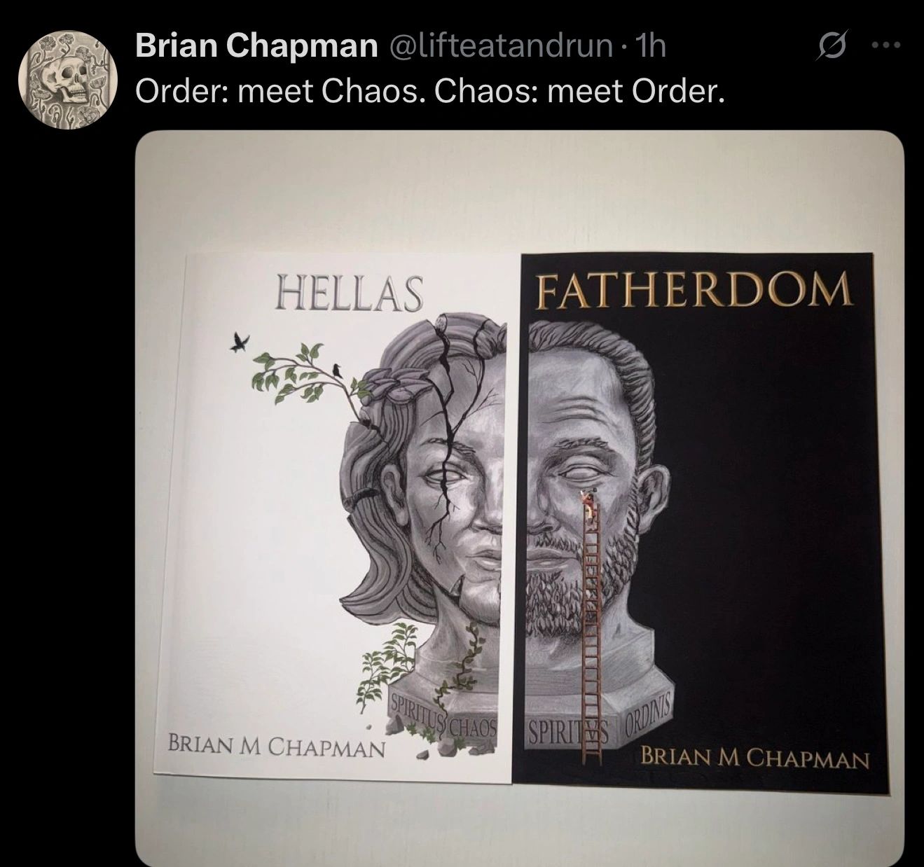 Fatherdom, Hellas, Brian M Chapman. picture of two split busts completing a contrast of duality