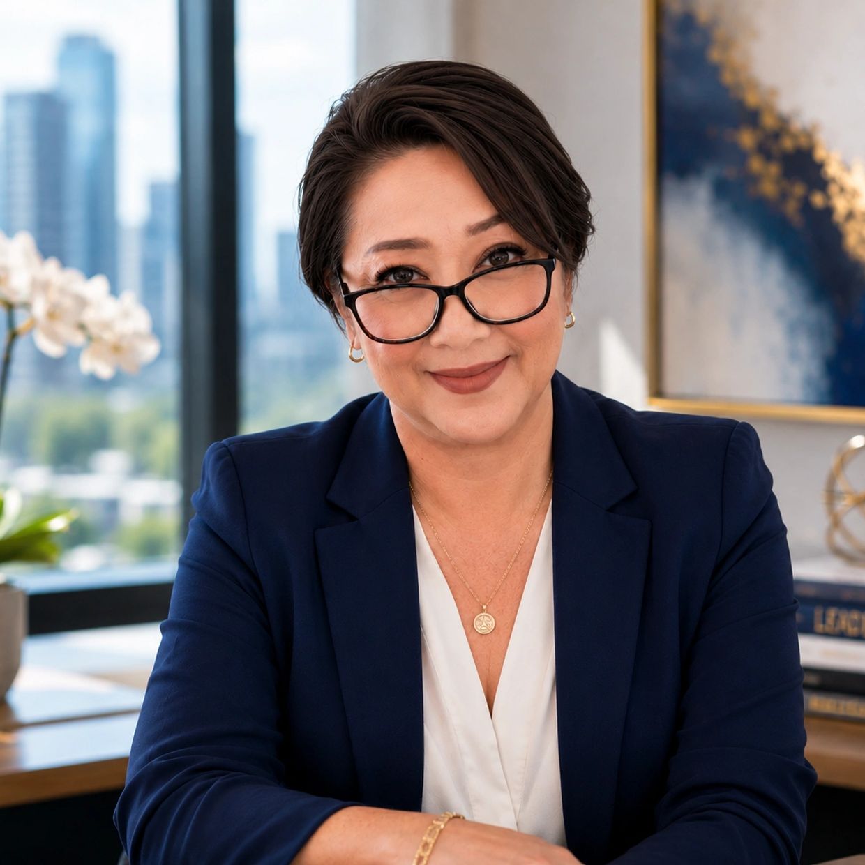 Confident woman in glasses and navy blazer smiling in an office setting.