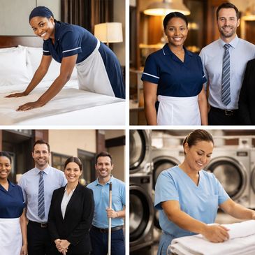 Housekeeping and laundry staff working and posing in a hotel setting.