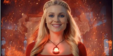 A smiling woman with blonde hair and a glowing red pendant.