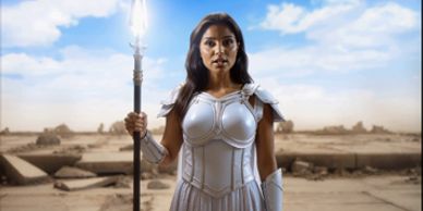A woman in white armor holding a glowing staff in a desert setting.