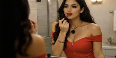 Woman applying red lipstick in front of a mirror.
