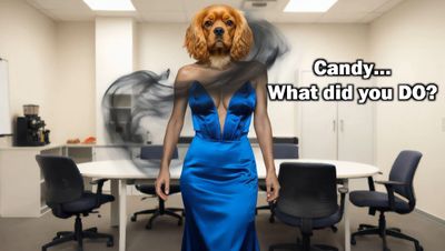 A person with a dog's head in a blue dress with smoky effects and text asking, 'Candy... What did you DO?'