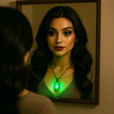 A woman with dark hair looks into a mirror wearing a glowing green pendant.