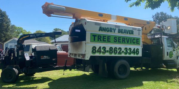 Utility truck for Angry Beaver Tree Service with equipment on a sunny day.