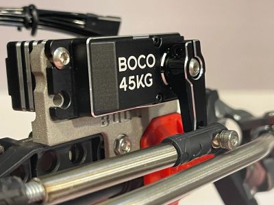 Close-up of a BOCO 45KG servo motor mechanism.