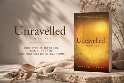 A memoir titled 'Unravelled' by Sharon Lefort with a nature-inspired cover and reflective theme.