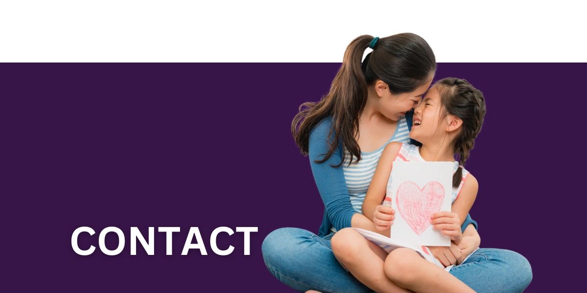 Mother and daughter sharing a loving moment with a heart drawing, on a purple background with 'CONTACT' text.