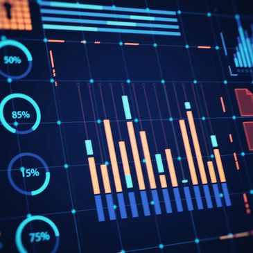 Digital dashboard displaying colorful data visualizations and charts.