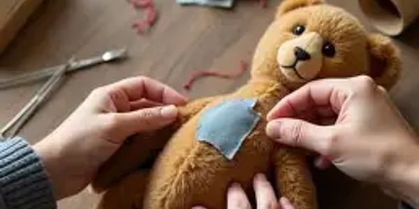 Hands sewing a blue patch onto a brown teddy bear on a wooden table.