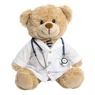 Teddy bear dressed as a doctor with a stethoscope.