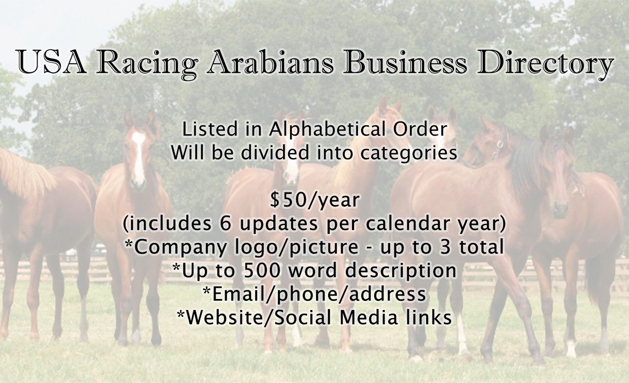 Advertisement for USA Racing Arabians Business Directory with listing details and pricing.