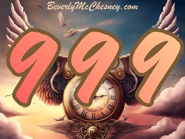 Surreal clock with wings and large 999 numbers in the sky.