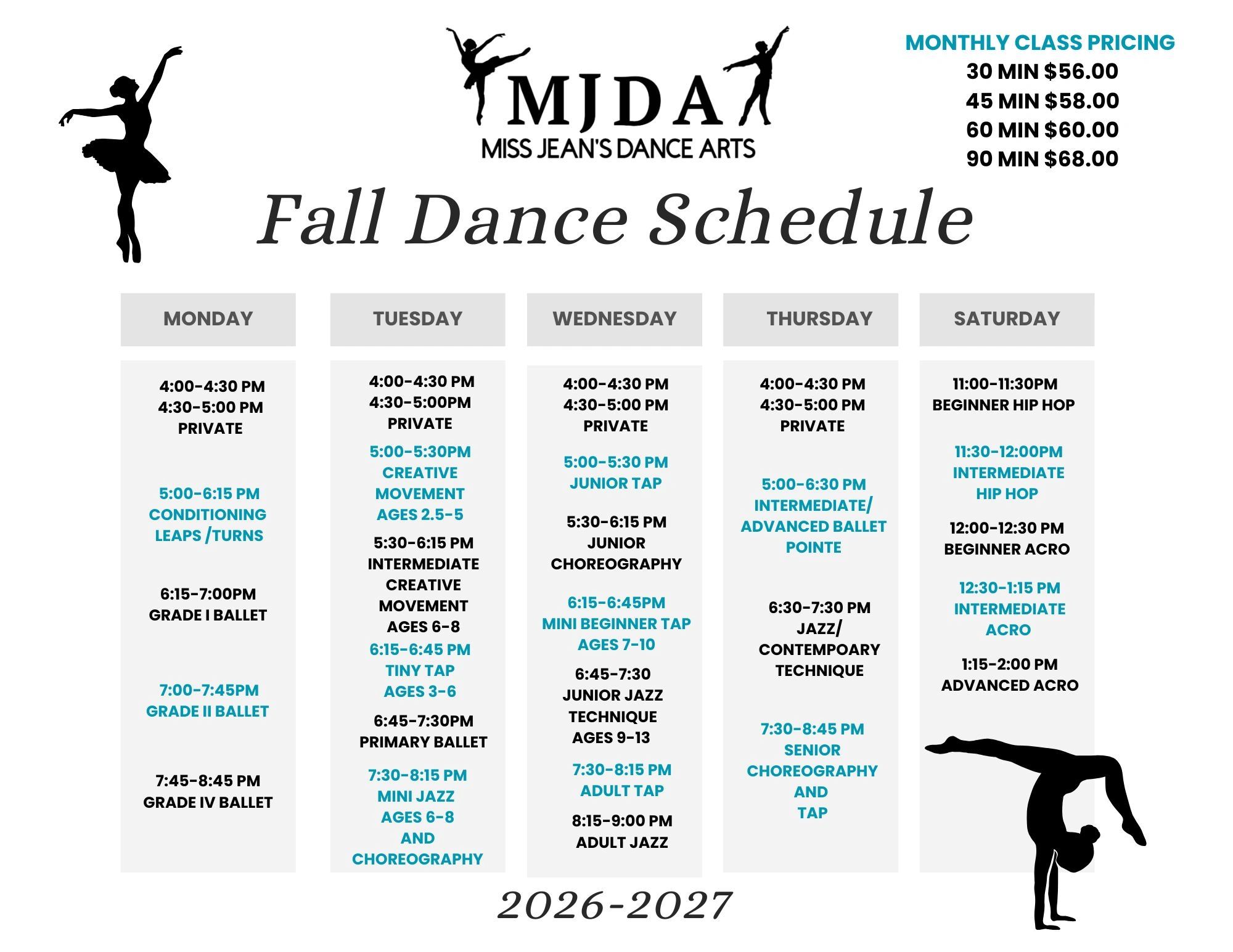 Fall dance schedule for MJDA with classes from Monday to Saturday and monthly pricing.