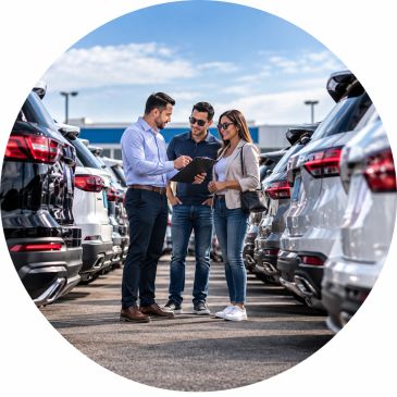 Tres personas revisan autos en una concesionaria.