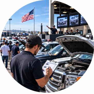 Hombre inspecciona autos en subasta con bandera estadounidense al fondo.