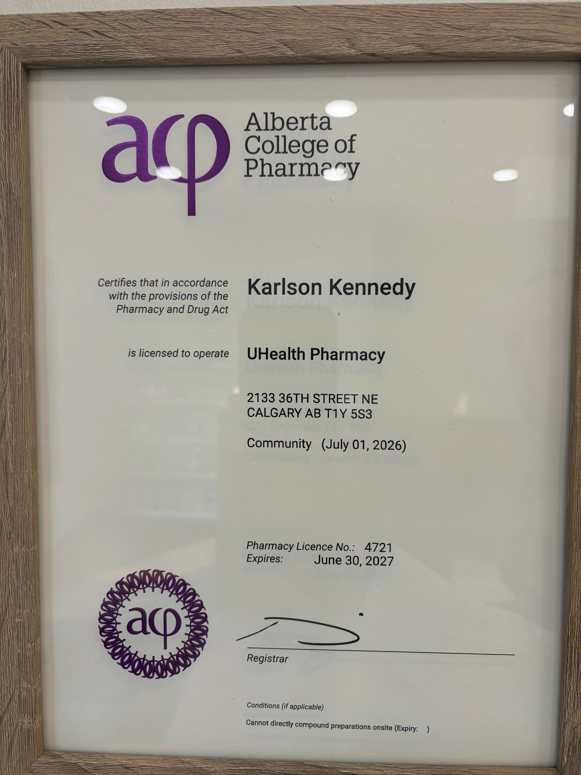 Alberta College of Pharmacy license for Karlson Kennedy.