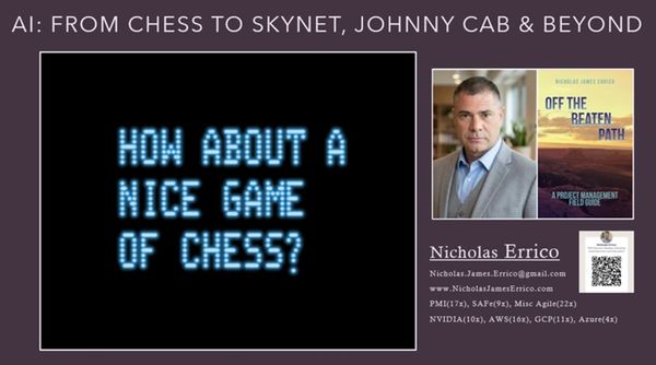 Presentation slide on AI progress from chess to futuristic concepts.