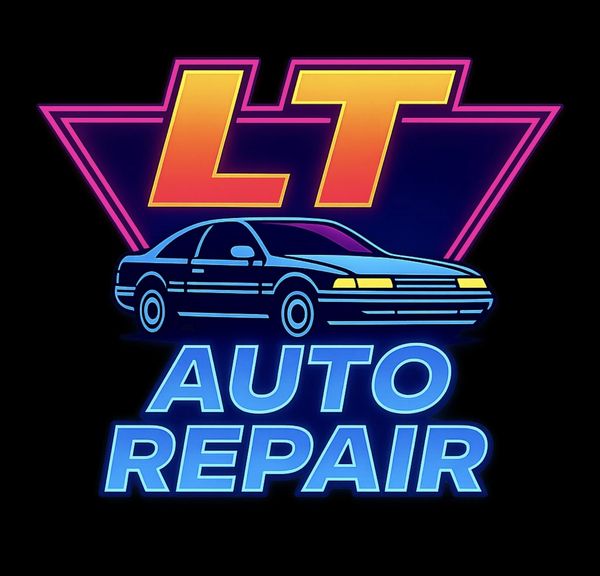 Retro-style logo for LT Auto Repair with a sleek car and neon colors.
