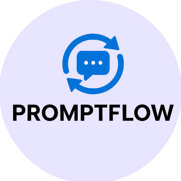 Blue chat bubble with circular arrows above the word PROMPTFLOW.