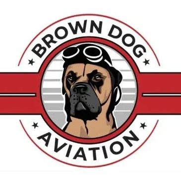 Brown Dog Aviation logo of a dog wearing goggles
