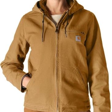 Person wearing a brown zip-up jacket with a hood.