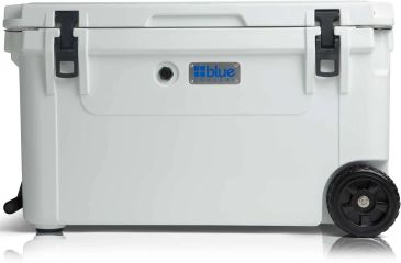 White wheeled cooler box with black latches.
