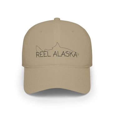 Beige baseball cap with "Reel Alaska" and fish outline.