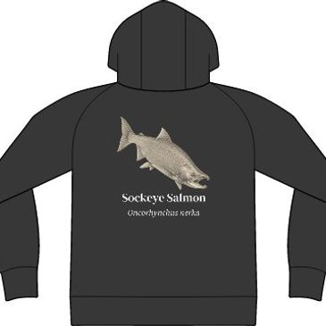 Black hoodie with sockeye salmon illustration.
