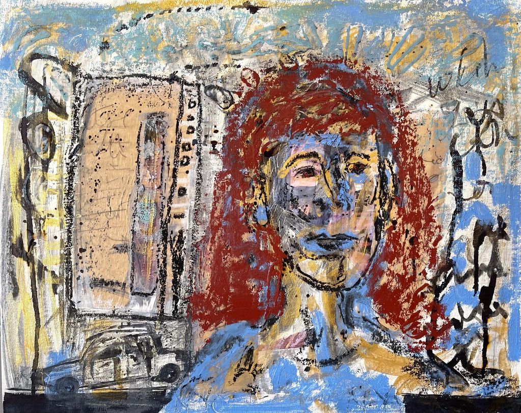 Abstract portrait with red hair and textured background in mixed media.