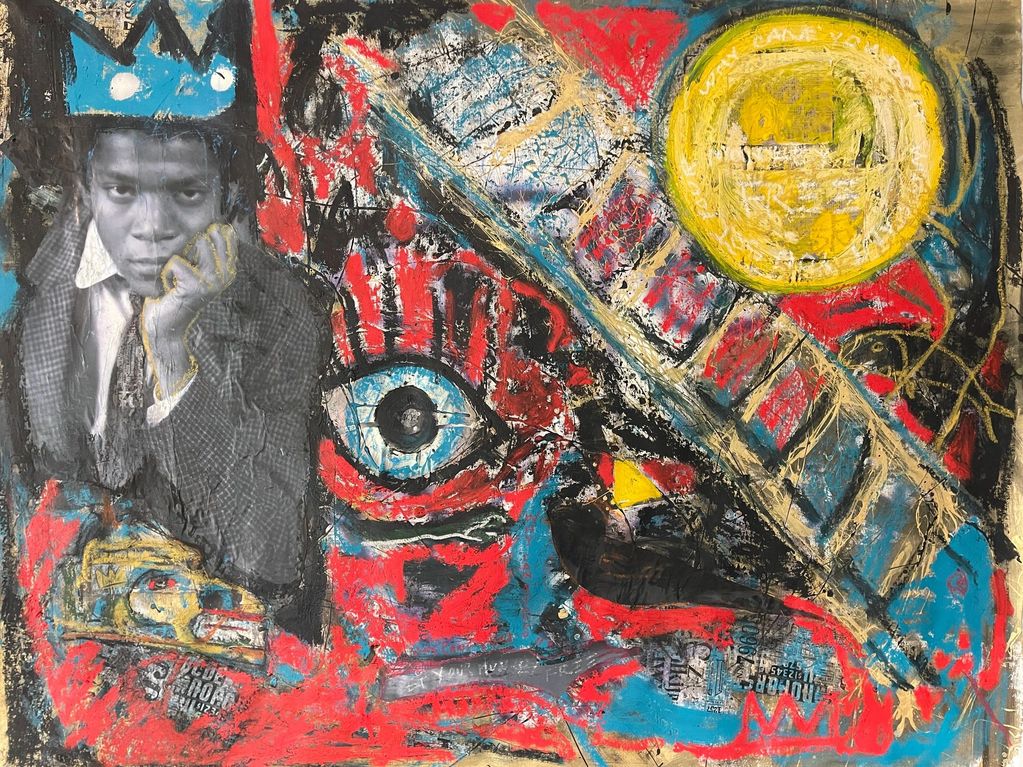 Mixed media artwork blending a black-and-white portrait with vibrant abstract elements.