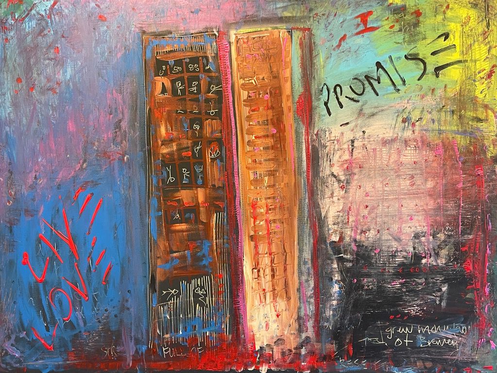 Abstract painting with two tall figures, vibrant colors, and words like 'PROMISE' and 'LOVE'.