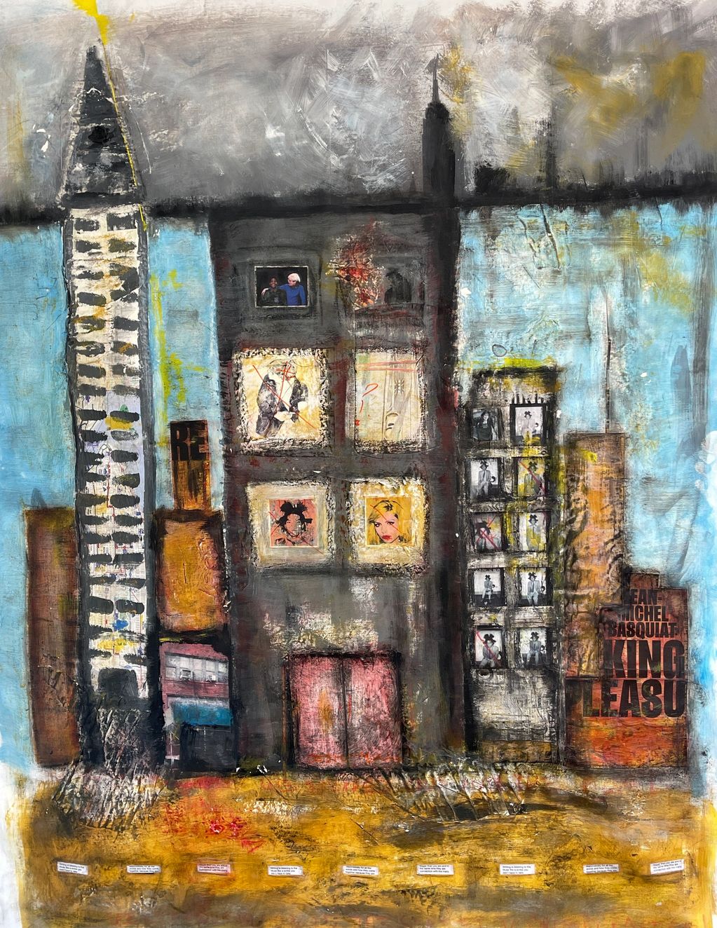 Abstract cityscape painting with mixed media portraits and text elements.
