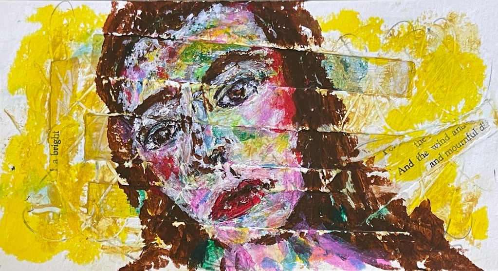 Abstract portrait of a woman with vibrant colors and text on yellow background.