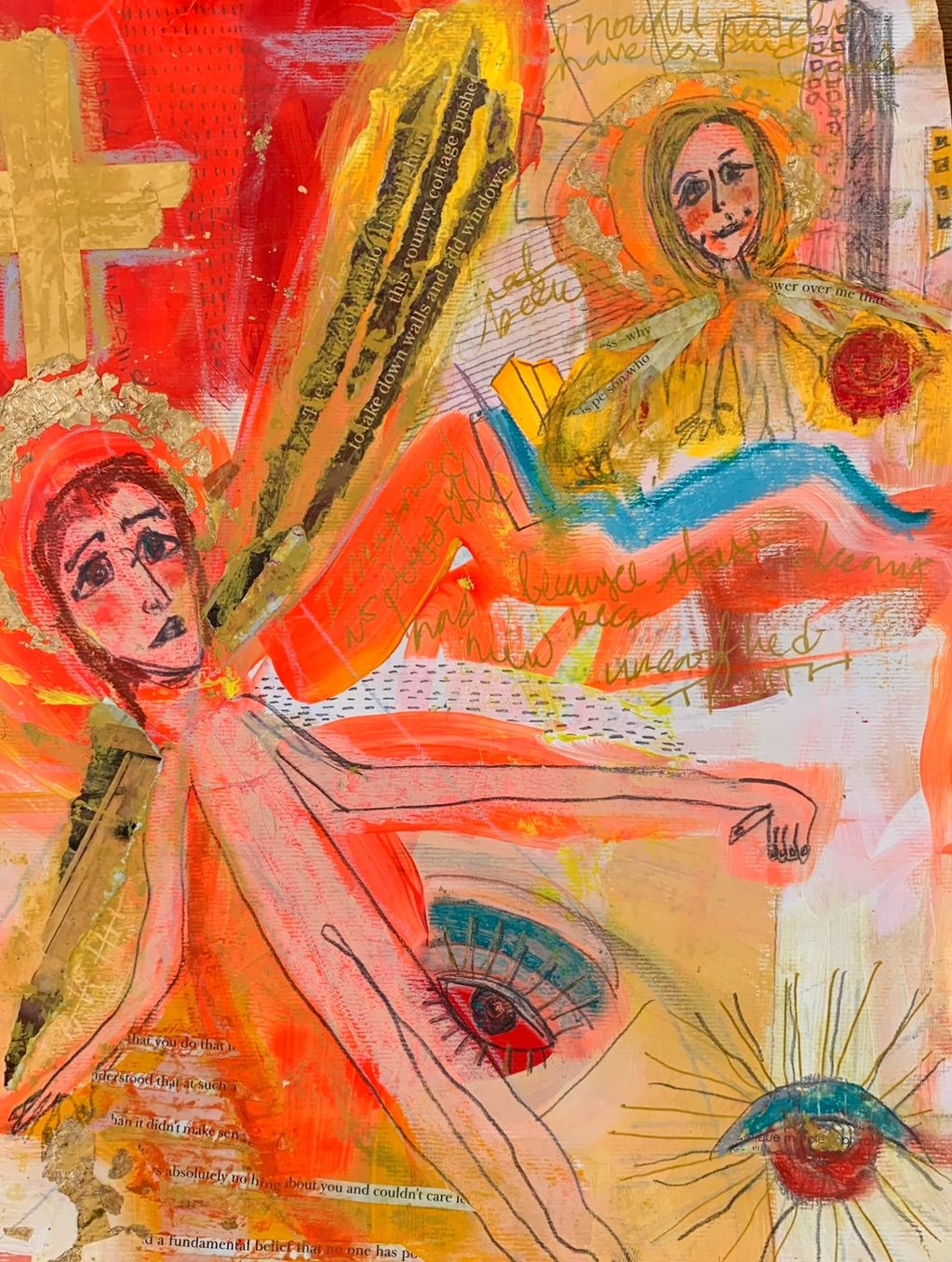 Abstract mixed media artwork with expressive faces, eyes, and vibrant orange hues.