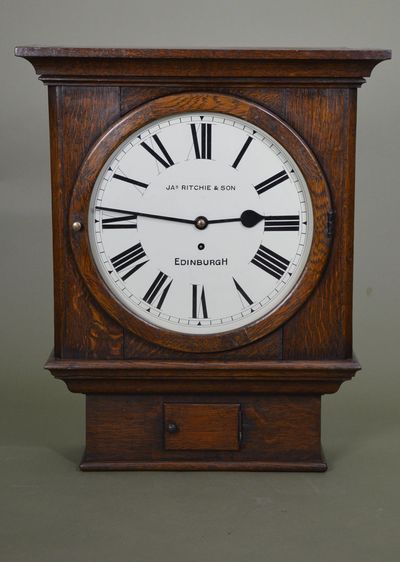 Antique victorian oak wall clock by Ritchie & Son with Roman numerals and white dial.