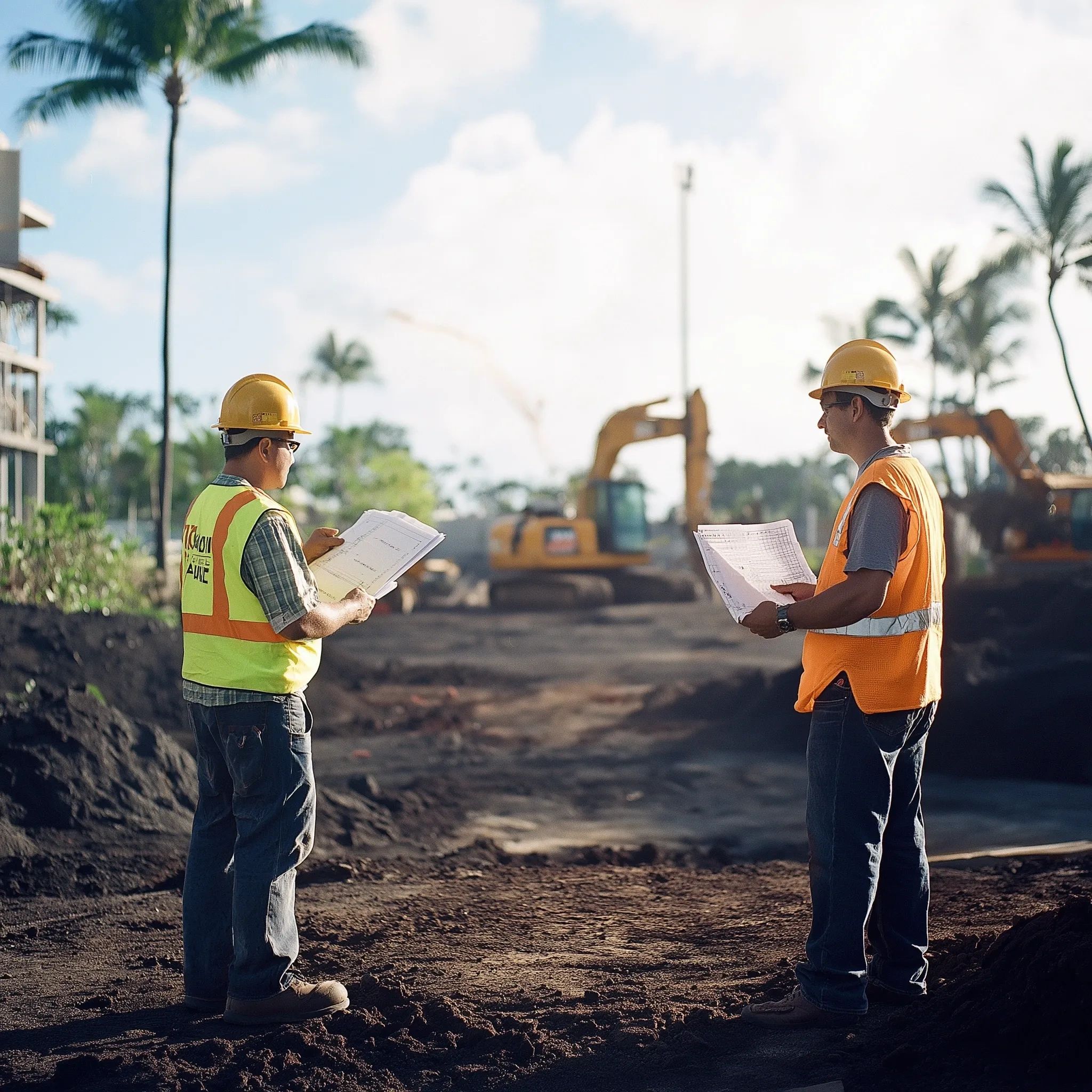 Two architects collaborating on a job site with heavy machinery operating in the background.