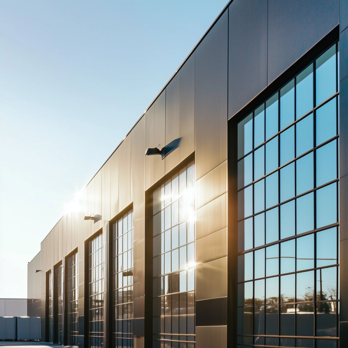 Exterior view of a modern commercial warehouse with spacious facilities and clean design.