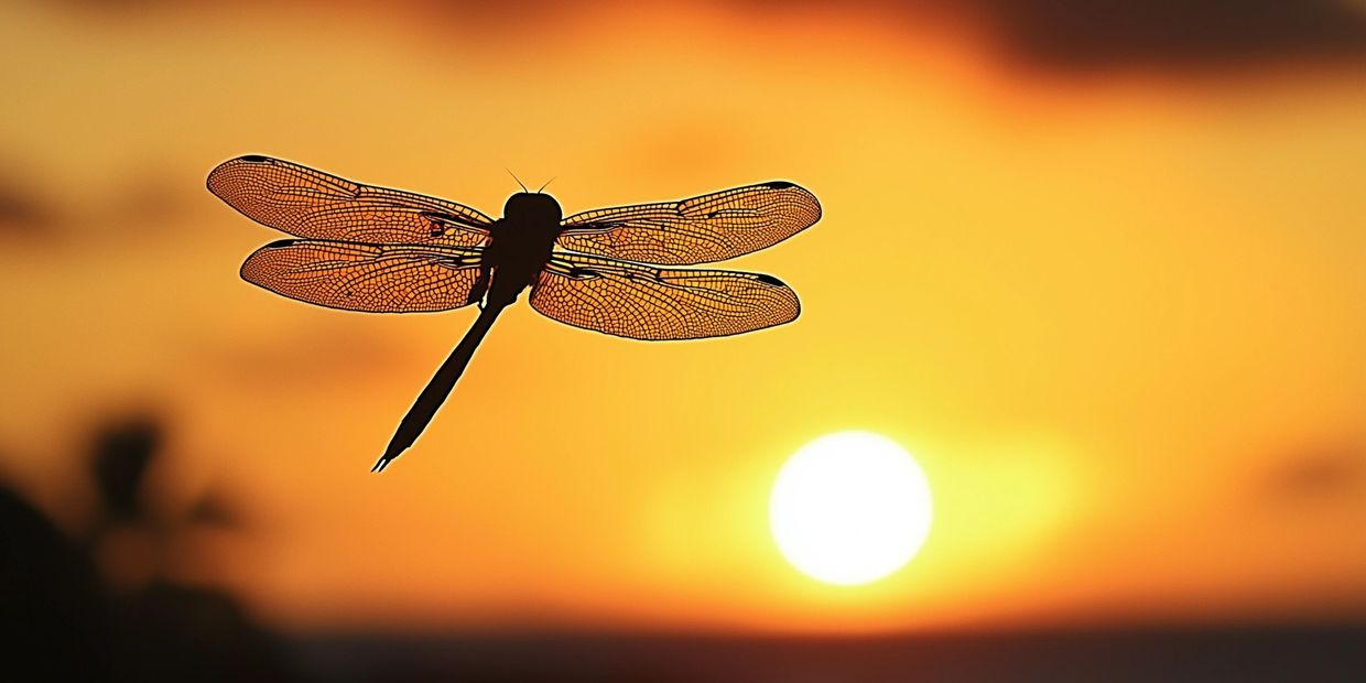 Dragonfly flying during sunrise, representing transformation and new beginnings with Island Dragonfly Realty