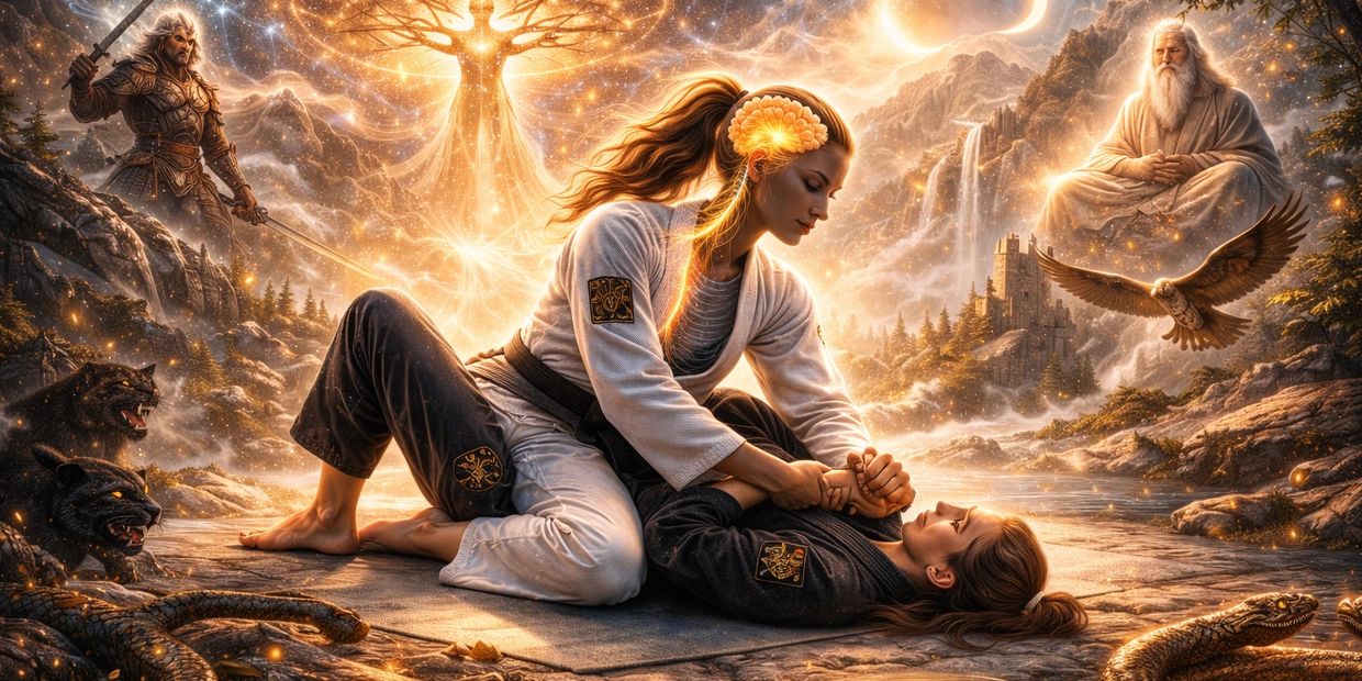 Two martial artists spar with a mystical backdrop of warriors, wisdom, and nature.