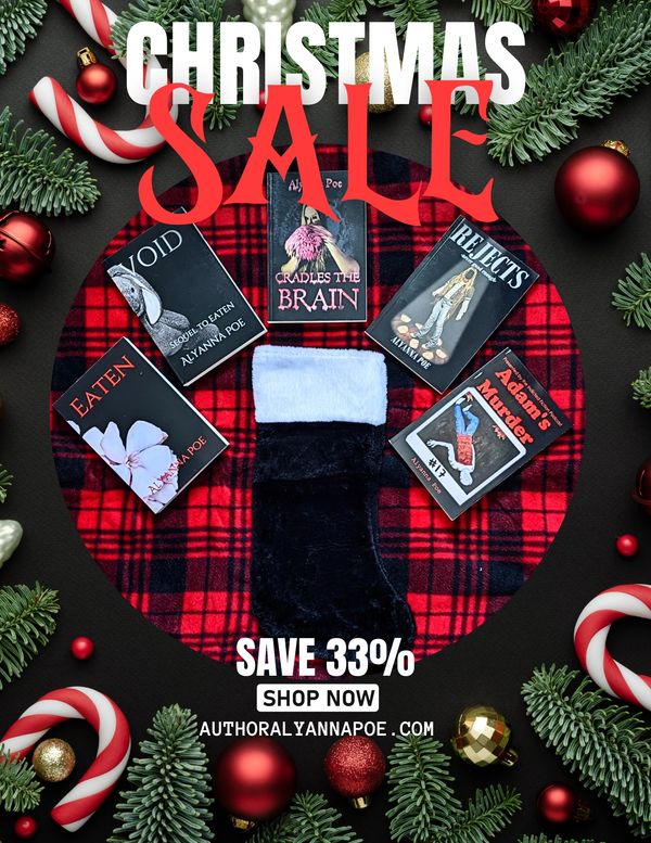 Alyanna Poe's Christmas Sale Bundle of all her horror novels and a black Christmas stocking 