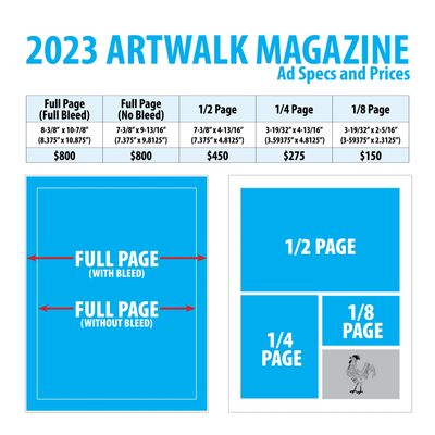 2023 Artwalk Magazine ad sizes and pricing guide with layout visuals.