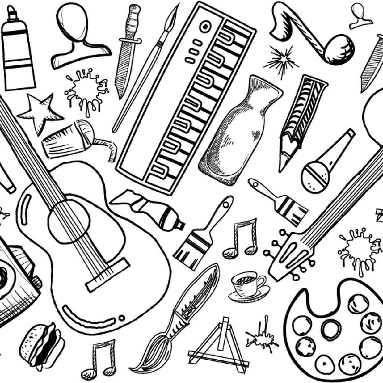 Black and white doodles of art, music, and food items scattered randomly.