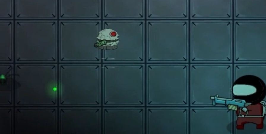 Cartoon character aiming a gun at a hovering robot.