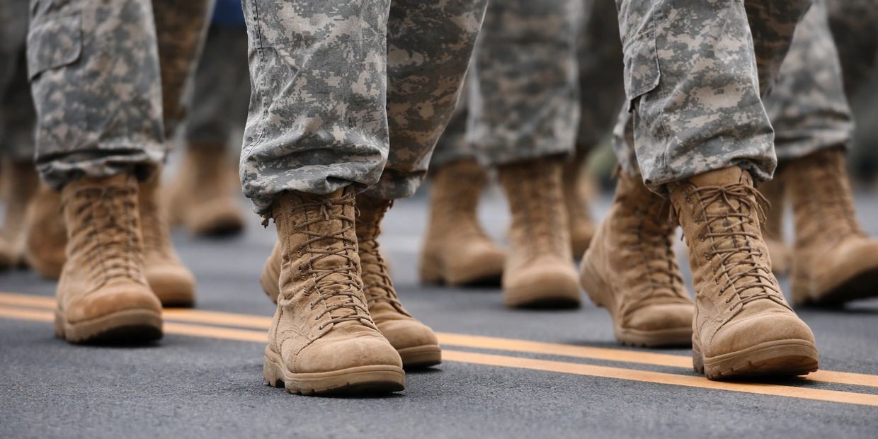 Close-up of soldiers' boots marching in uniform on a road.