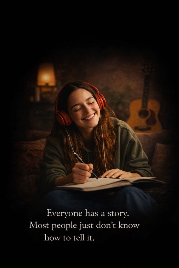 Young woman smiles while writing and listening to music, surrounded by cozy ambiance.
